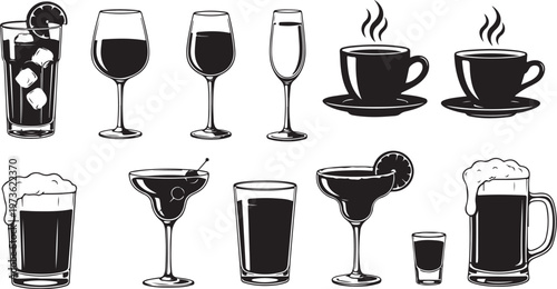 Variety of alcoholic and non-alcoholic beverages illustration set