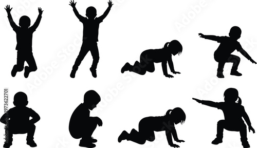 Active children silhouettes set, little boy and girl jumping, crawling, and playing in various joyful poses for creative design projects