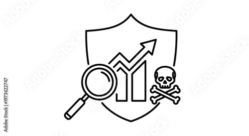 Cybersecurity Threat Analysis: Magnifying Glass on Data Breach Shield and Skull Icon