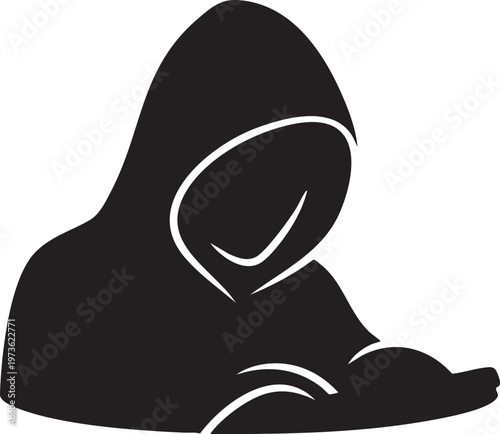 Hooded figure, black silhouette, white outline, anonymous person, vector icon
