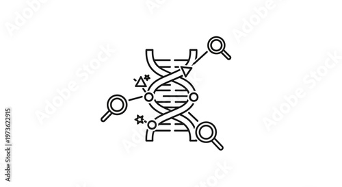 DNA helix with magnifying glasses, representing genetic research, analysis, and scientific discovery