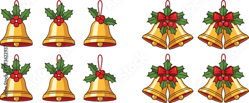 Christmas bells vector set featuring golden jingle bells with holly leaves and red bows isolated on white background for festive holiday decoration design
