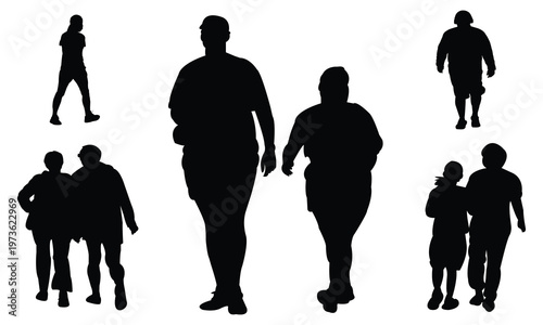 Silhouette group of diverse people walking in different directions isolated on white background set of human figures moving forward and away in public space collection of characters