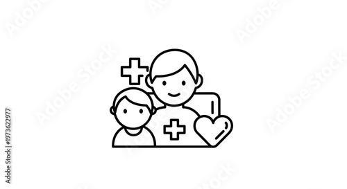 Doctor and child with heart and cross symbols, healthcare concept
