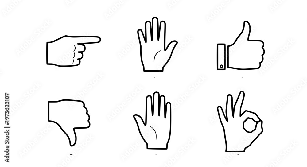 Fototapeta premium Hand Gesture Communication Vector Icons with Pointing Thumbs and Stop Signs