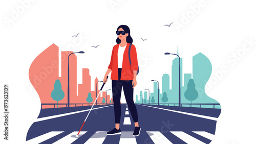 Visually impaired woman with a white cane and dark sunglasses walks across a pedestrian crossing in a modern city during daylight hours.