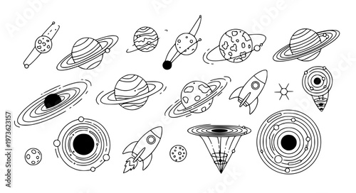 Space Physics Vector Icons with Planets Orbit and Rocket