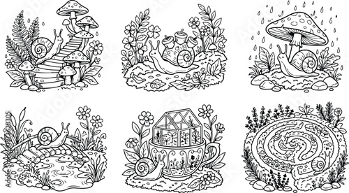 Colorbook style detailed line art snails with mushrooms flowers garden pond teacup greenhouse maze with plants nature themed vector illustrations collection