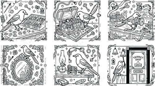 Colorbook style vector art depicting a small bird interacting with buttons threads treasure chest antique keys and trinket shop entrance detailed line drawing collection