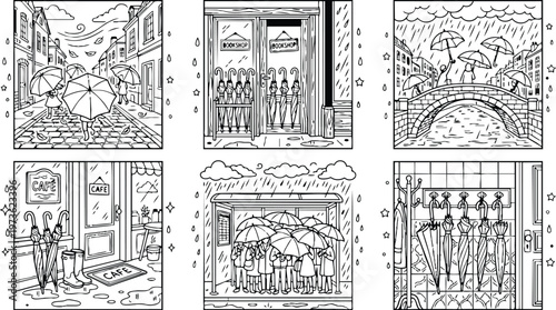 Colorbook style rainy day scenes with people holding umbrellas walking on cobblestone street crossing stone bridge and waiting at rainy bus stop vector art set with bookshop and cafe details