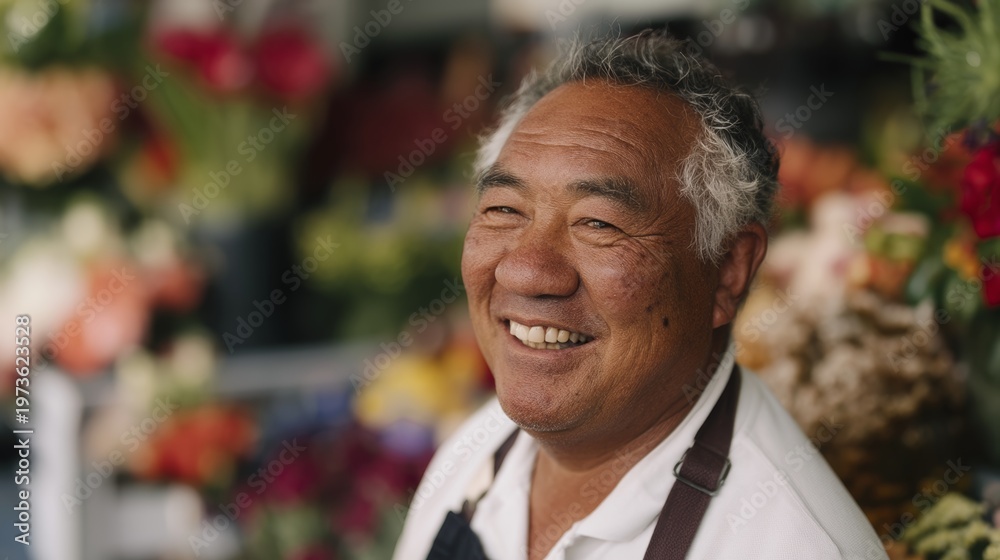Fototapeta premium Elderly Asian Man Smiling in Florist Shop