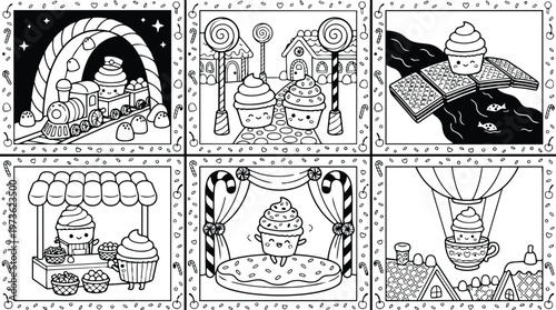 Colorbook style cute cupcake characters in whimsical candy village playing with lollipops and riding chocolate train fantasy landscape in black and white line art