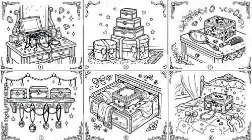 Colorbook style detailed line art of vintage jewelry boxes with decorative elements on bedroom furniture and ornate trays from multiple angles with floral and bow accents