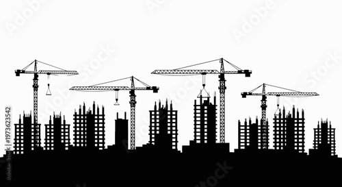 a silhouette of a dynamic construction site with multiple cranes actively building an evolving city skyline symbolizing urban development and progress.