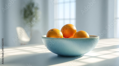Fresh oranges in a light blue ceramic bowl on a windowsill