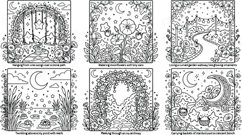 Colorbook style whimsical garden scenes with smiling star characters watering moonflowers swinging on vines looking through ivy archway and carrying baskets in night sky