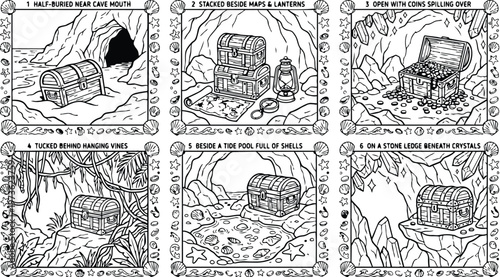 Colorbook style treasure chests in cave scenes with maps lanterns coins hanging vines shells and crystals detailed line art black and white illustrations