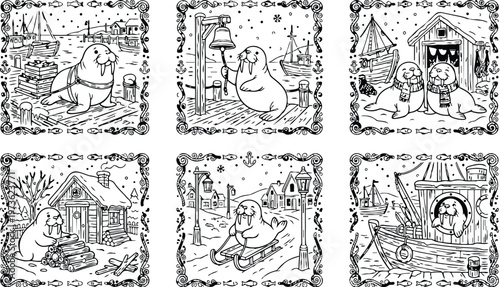 Colorbook style detailed black and white walrus scenes with sledding bell ringing cozy cabin fishing boat and scarves in winter snowy harbor illustrations