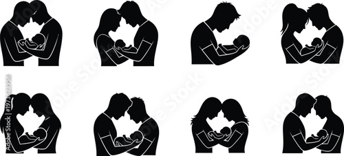 Romantic couple silhouettes icons set diverse poses for love relationships and valentine's day designs