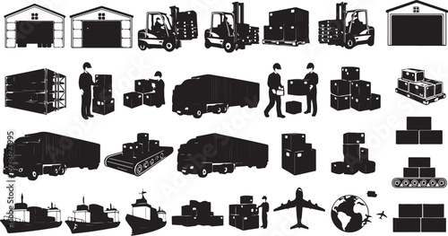 Logistics and transportation icons in black and white style