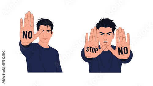 Determined young man using hand gestures to signal no and stop representing personal boundaries and the refusal of unwanted situations or offers.