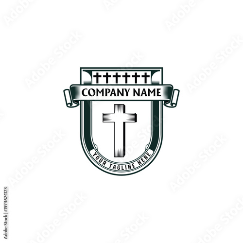 Vintage Christian Cross Shield Badge Logo Vector Illustration