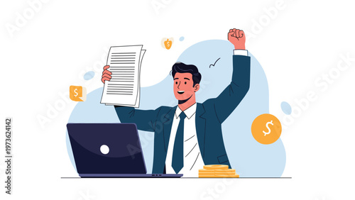 Excited businessman holding documents and cheering with his arm raised while sitting at a laptop with gold coins representing financial success.
