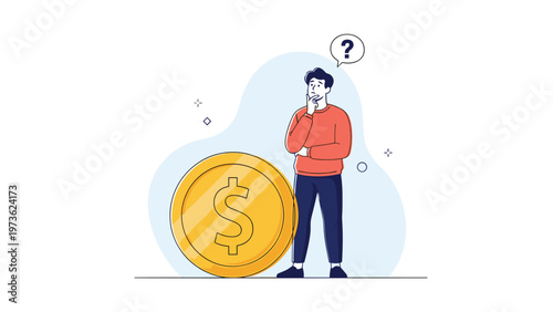 Young man standing in a thoughtful pose next to a giant gold coin with a question mark symbol overhead contemplating financial decisions.