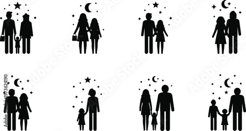 Family silhouette icons set diverse black vector graphics for parenthood love and togetherness concepts