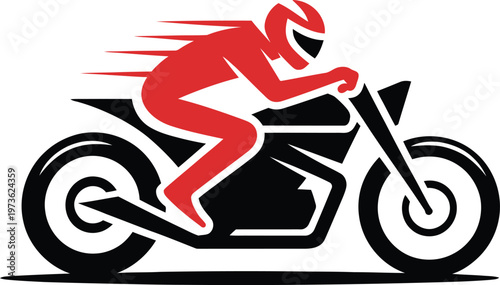 Red fast moving motorcycle rider vector with motion lines in race flat design style