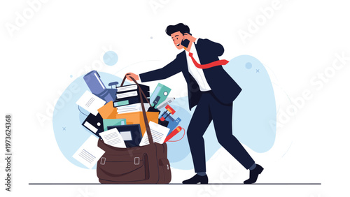 Stressed businessman struggling to carry an overflowing bag of office supplies and documents while talking on a mobile phone during a busy day.