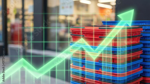 Rising prices and inflation impacting consumer spending and market trends, illustrated with a graph over shopping baskets.