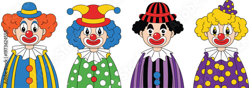 PrintColorful clown characters vector set featuring circus performers with different costumes, hairstyles and makeup isolated on white background for entertainment design