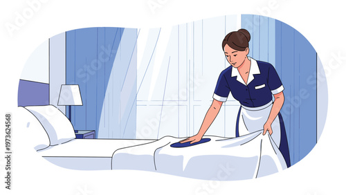 Professional hotel maid in a clean uniform carefully making a bed in a tidy room representing high quality housekeeping and service standards.