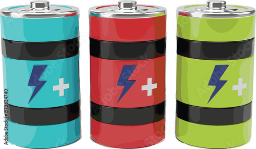 Colorful battery icons vector set featuring rechargeable power cells with lightning symbols isolated on white background for energy and electricity design