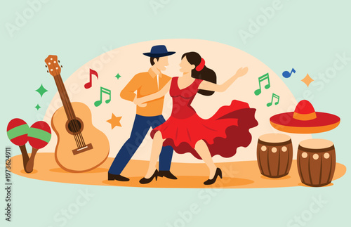 Latin Music Dance Flat Illustration Couple Dancing with Instruments