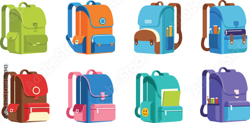 Colorful school backpacks vector set featuring modern student bags with compartments and supplies isolated on white background for education and back to school design