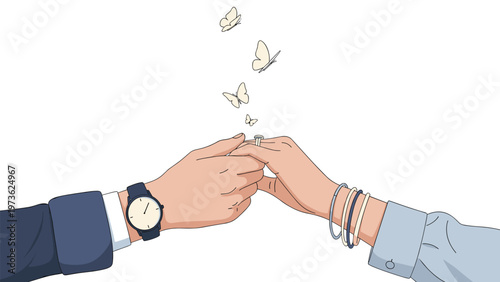 Close up of a man and woman holding hands with butterflies flying above them to symbolize the excitement and love of an engagement proposal.