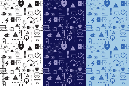 Seamless pattern set with electricity and energy symbols in monochrome and blue colors.eps