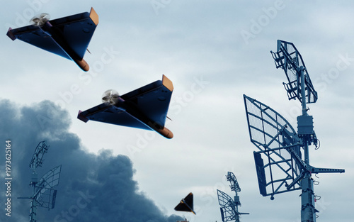 Canvas Print Air defense, military drones fly near radar stations conducting surveillance and target detection, protecting airspace with automated monitoring and defense systems