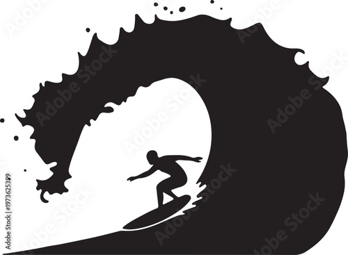 Minimalist Surfer Silhouette Riding a Curling Giant Ocean Wave