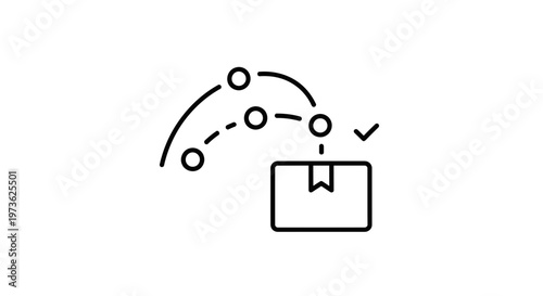 Delivery process icon: package moving along a path to destination with checkmark