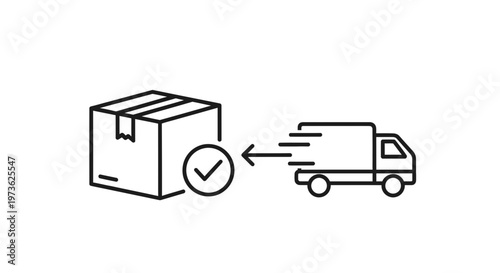 Delivery truck arriving at a package with a checkmark, representing successful shipping and logistics.