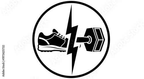 Black and White Vector Icon with Running Shoe, Dumbbell, and Lightning Bolt Symbolizing Power, Strength, and High-Intensity Athletic Training in a Circular Border