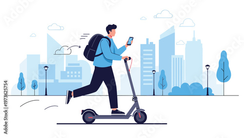Modern man riding an electric scooter while looking at his smartphone on a city street representing urban mobility and connected transportation.