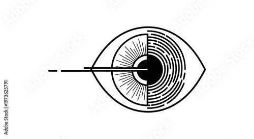 Geometric Minimalist Line Art of a Human Eye with Biometric Fingerprint and Mechanical Iris Details, Vector Graphic Symbol for Vision, Digital Identity, and Future Tech