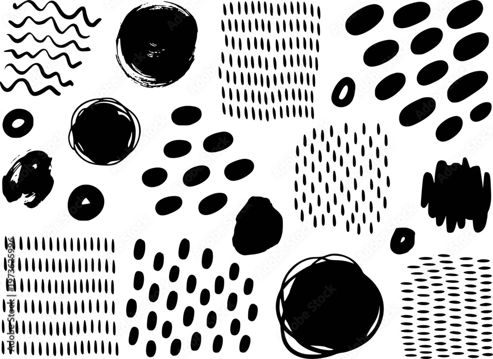 Obraz premium Black ink abstract shapes and patterns hand drawn white background for