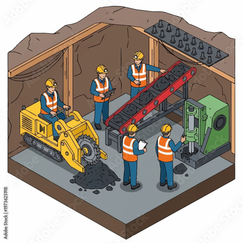 Workers operating heavy machinery in a mine.