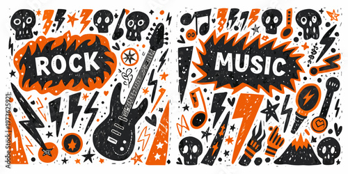 Hand drawn illustration featuring skulls lightning and rock and roll themes