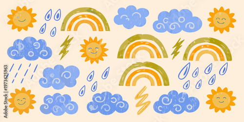 Colorful childlike drawing of suns rainbows clouds raindrops and lightning